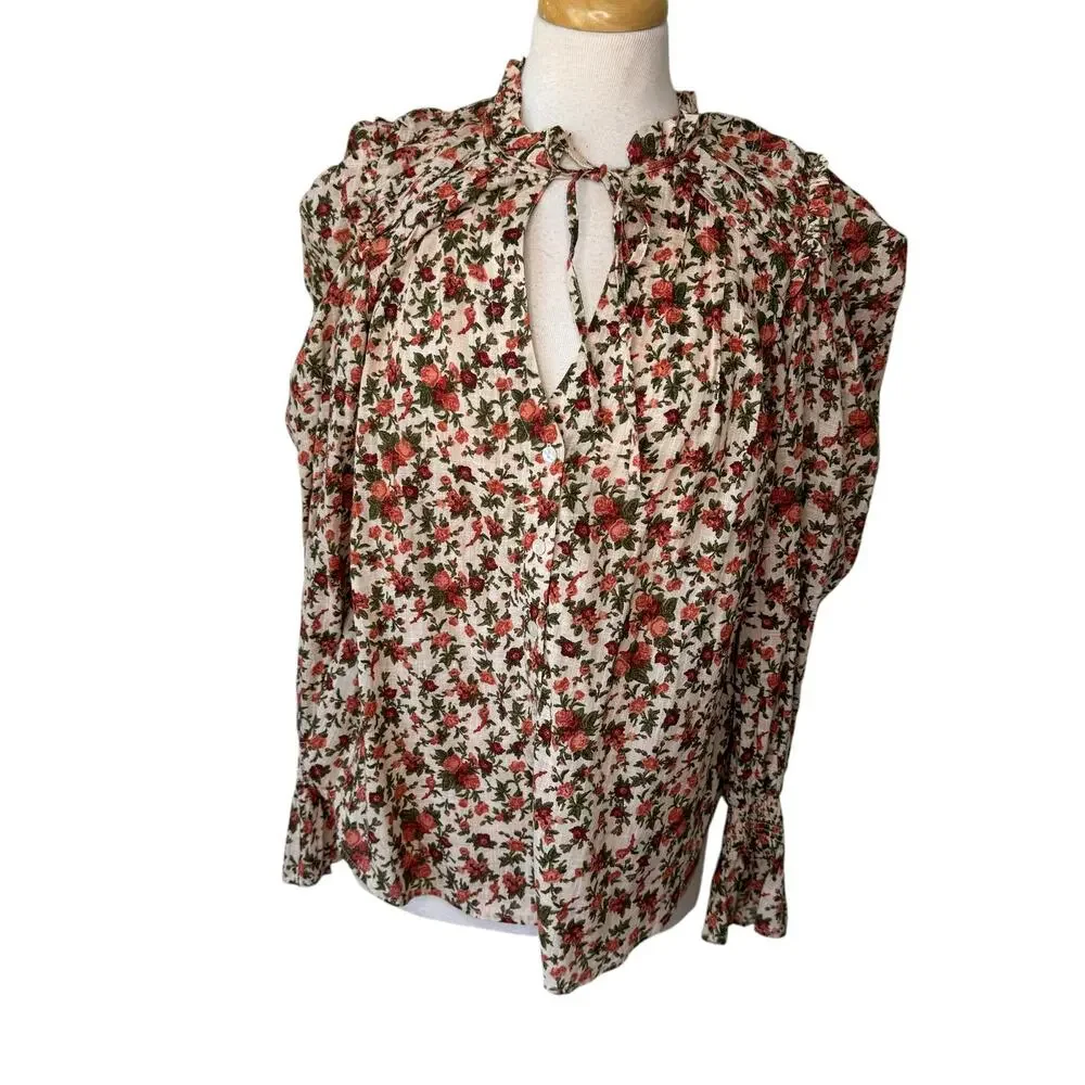 FREE PEOPLE Meant to Be Blouse Vintage Combo Boho Floral  Puff Sleeve SMALL